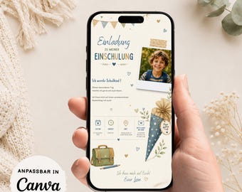 Einladung Einschulung Junge, mit Foto | zum sofortigen Bearbeiten & Downloaden | Canva Vorlage | anpassbar | digitaler Download (PDF)