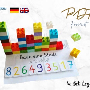 May include: A printable PDF activity for building a city with Lego Duplo bricks. The activity includes a sheet with a city skyline, numbers 8, 2, 6, 4, 9, 3, 5, 1, and 7, and a set of colourful Lego Duplo bricks.