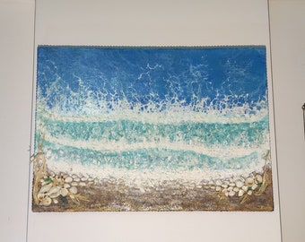 Ocean & Shells - Ocean Resin Art, Original Mixed Media Painting on Canvas, Acrylic Painting Art, Tropical Beach, Waves of Happiness, Love <3