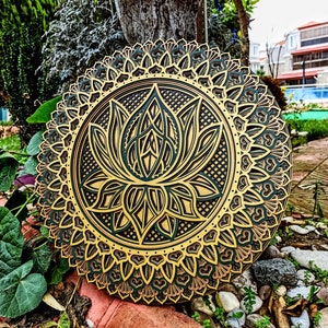 Wooden Mandala Wall Hanging, Lotus Flower Yoga Decor, Colored Spiritual Art, Laser Cut Layered Mandala Meditation Gold Copper and Dark Green