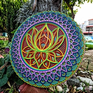 Lotus Flower Wooden Mandala Wall Art, Spiritual Decor with 7 Chakra Colours, 3D Yoga Wall Hanging, Unique Gift, Laser Cut Layered Rainbow <3