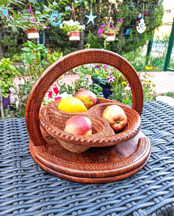 Foldable Wooden Basket, Fruit Bowl, Kitchen Wood Trivet, Housewarming Gift,  Gift for Mom, Gift for Christmas, Handcarved Walnut, Peace 3 