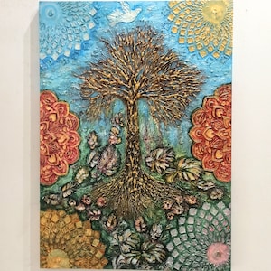 Tree of Life Textured Acrylic Painting on Canvas, Original Wall Art, Spiritual Mandala, Flowers, Abstract Nature, Colorful Artwork, Namaste