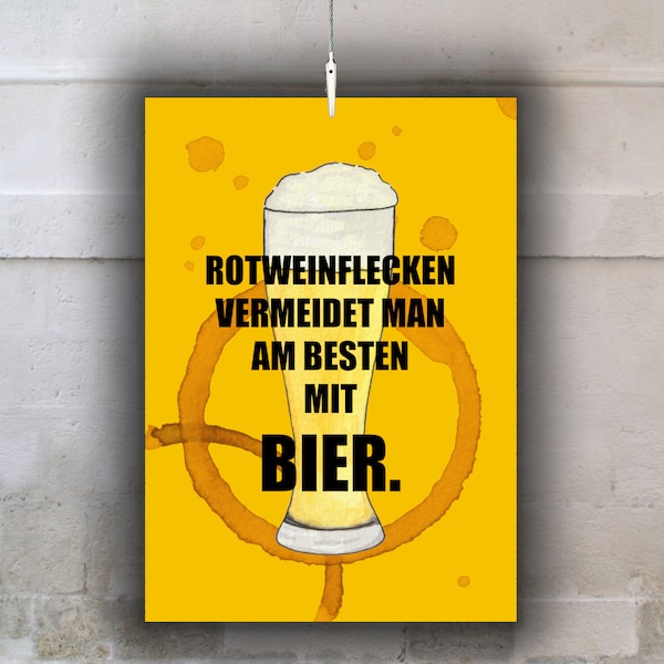 Bier Postkarte Weißbier Rotweinflecken | Bierspruch Wortspiel Biertrinker | Alkohol Sprüche Spruchkarte | Feiern Lustig Party Bierglas Gelb