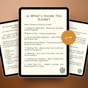 May include: Three digital tablets displaying gardening guides. The central tablet shows "What's Inside This Guide?" with topics like planting and watering tomatoes. A "60+ Page" sticker is visible. The other tablets show related content.