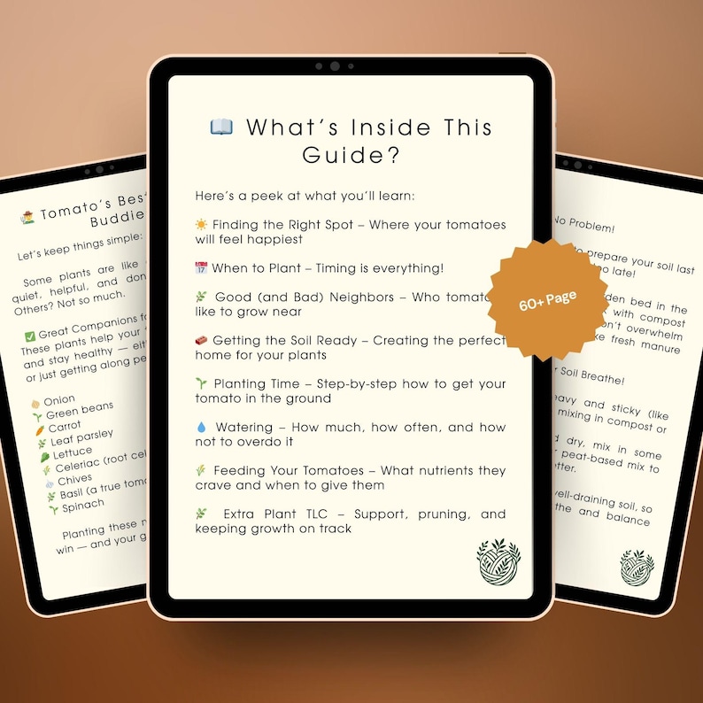May include: Three digital tablets displaying gardening guides. The central tablet shows "What's Inside This Guide?" with topics like planting and watering tomatoes. A "60+ Page" sticker is visible. The other tablets show related content.