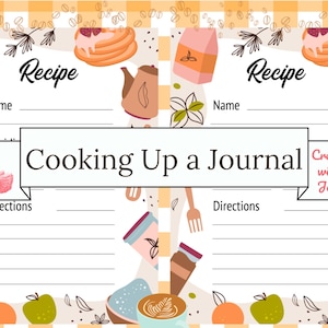 Puede incluir: Un diario de recetas con un fondo a cuadros amarillo claro. El diario presenta ilustraciones de panqueques, caf&eacute; y otros elementos relacionados con la cocina. El t&iacute;tulo "Cooking Up a Journal" se muestra de forma destacada, con espacio para recetas.