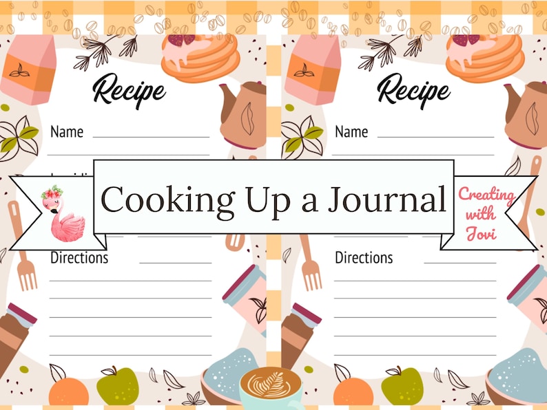 Puede incluir: Un diario de recetas con un fondo a cuadros amarillo claro. El diario presenta ilustraciones de panqueques, caf&eacute; y otros elementos relacionados con la cocina. El t&iacute;tulo "Cooking Up a Journal" se muestra de forma destacada, con espacio para recetas.