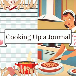 Puede incluir: Ilustraci&oacute;n digital con el texto "Cooking Up a Journal". La imagen presenta una escena de cocina retro con una mujer cocinando, un flamenco y varios utensilios de cocina. La paleta de colores incluye rojo, azul y beige.