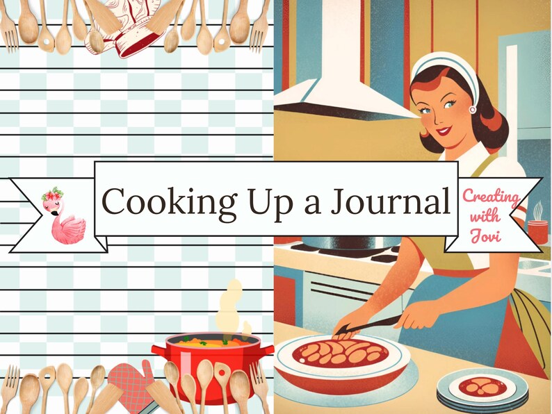 Puede incluir: Ilustraci&oacute;n digital con el texto "Cooking Up a Journal". La imagen presenta una escena de cocina retro con una mujer cocinando, un flamenco y varios utensilios de cocina. La paleta de colores incluye rojo, azul y beige.