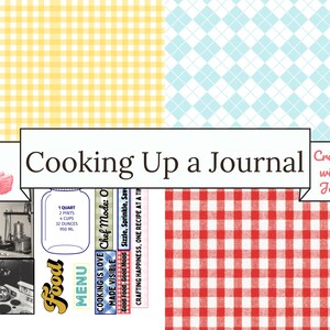 Puede incluir: Una portada de diario decorativa con la inscripci&oacute;n "Cooking Up a Journal" y una ilustraci&oacute;n de flamenco. El dise&ntilde;o incorpora im&aacute;genes de cocina vintage, un gr&aacute;fico de tarro y un elemento tem&aacute;tico de men&uacute;. El fondo presenta patrones de cuadros y diamantes.