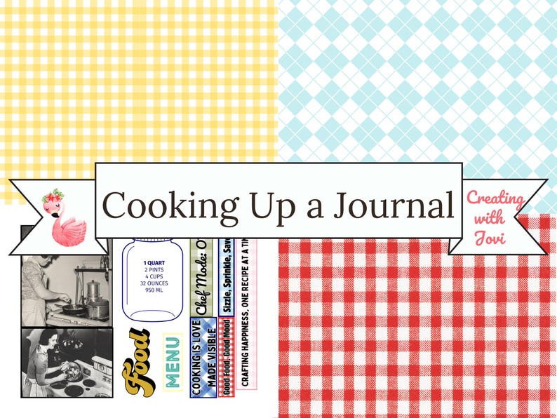 Puede incluir: Una portada de diario decorativa con la inscripci&oacute;n "Cooking Up a Journal" y una ilustraci&oacute;n de flamenco. El dise&ntilde;o incorpora im&aacute;genes de cocina vintage, un gr&aacute;fico de tarro y un elemento tem&aacute;tico de men&uacute;. El fondo presenta patrones de cuadros y diamantes.