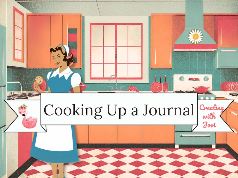 Puede incluir: Ilustraci&oacute;n de cocina de estilo retro con una mujer sosteniendo una galleta. La imagen presenta gabinetes naranjas, un piso a cuadros rojos y blancos y el texto "Cooking Up a Journal". Una ilustraci&oacute;n de flamenco est&aacute; a la izquierda.