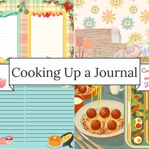 Puede incluir: Un collage colorido con el texto "Cooking Up a Journal" y "Creating with Jovi". La imagen presenta tarjetas de recetas, un flamenco e ilustraciones de alimentos como espaguetis y alb&oacute;ndigas, panqueques y huevos.