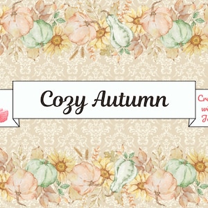 Puede incluir: Un banner decorativo con la frase "Cozy Autumn" en letra cursiva, con ilustraciones de acuarela de calabazas, calabacines y girasoles. Un flamenco con una corona floral está a la izquierda. El fondo tiene un patrón de damasco.