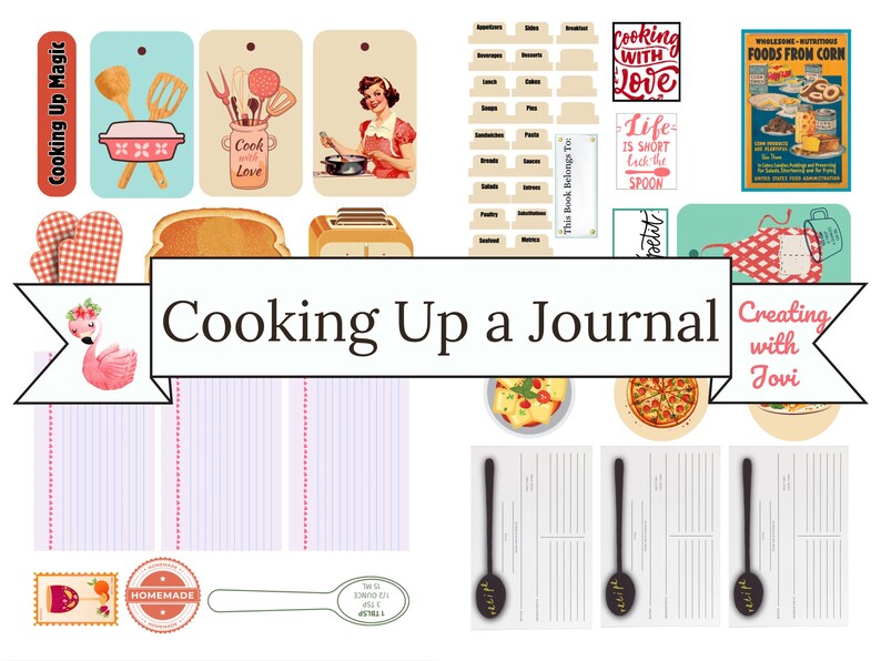 Puede incluir: Una colecci&oacute;n de elementos de diario con tem&aacute;tica de cocina. Incluye tarjetas de recetas, etiquetas con utensilios de cocina, una ilustraci&oacute;n de flamenco y el texto "Cooking Up a Journal". Tambi&eacute;n presenta pizza, una tostadora y un anuncio vintage.