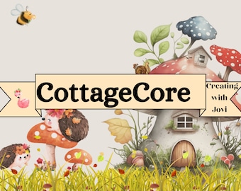 Könnte beinhalten: Eine fantasievolle Illustration mit einem Cottagecore-Thema mit einem Pilzhaus, einer Biene, Igeln und einem Banner mit der Aufschrift "CottageCore Creating with Jovi".