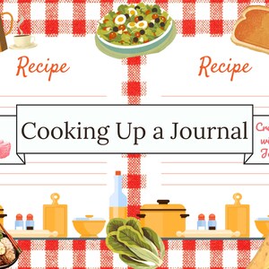Puede incluir: Un diario de recetas con un fondo a cuadros rojos y blancos. El t&iacute;tulo "Cooking Up a Journal" se muestra en una pancarta. Se incluyen ilustraciones de alimentos, utensilios de cocina y un flamenco.