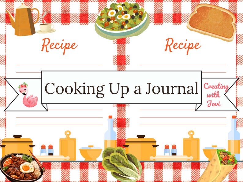 Puede incluir: Un diario de recetas con un fondo a cuadros rojos y blancos. El t&iacute;tulo "Cooking Up a Journal" se muestra en una pancarta. Se incluyen ilustraciones de alimentos, utensilios de cocina y un flamenco.