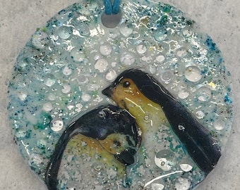 Handmade 3D Fused Glass Resin Pendant 'Penguin Love'