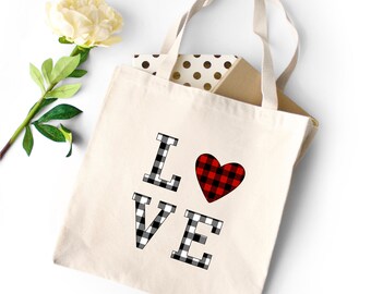 Cute LOVE Plaid Heart Tote Bag, Love Tote Bag, Gift for a Friend, Gift for Her, Birthday Gift, Valentine Gift, Canvass Bag, Heavy Tote Bag