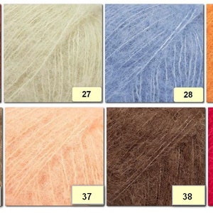 May include: A collection of yarn samples in various colors, including peach, red, brown, beige, blue, orange, and pink. The yarn is arranged in a grid pattern with numbers below each sample.