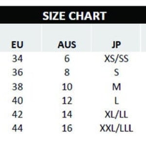 May include: Size chart for clothing with measurements in UK, US, EU, AUS, JP, CN, and KR sizes. The chart shows corresponding sizes for each country's sizing system.