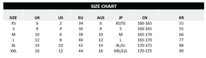 May include: Size chart for clothing with measurements in UK, US, EU, AUS, JP, CN, and KR sizes. The chart shows corresponding sizes for each country's sizing system.