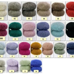 May include: A collection of 26 skeins of yarn in various colors, including white, gray, green, pink, blue, red, and black. Each skein is labeled with a number from 01 to 35.