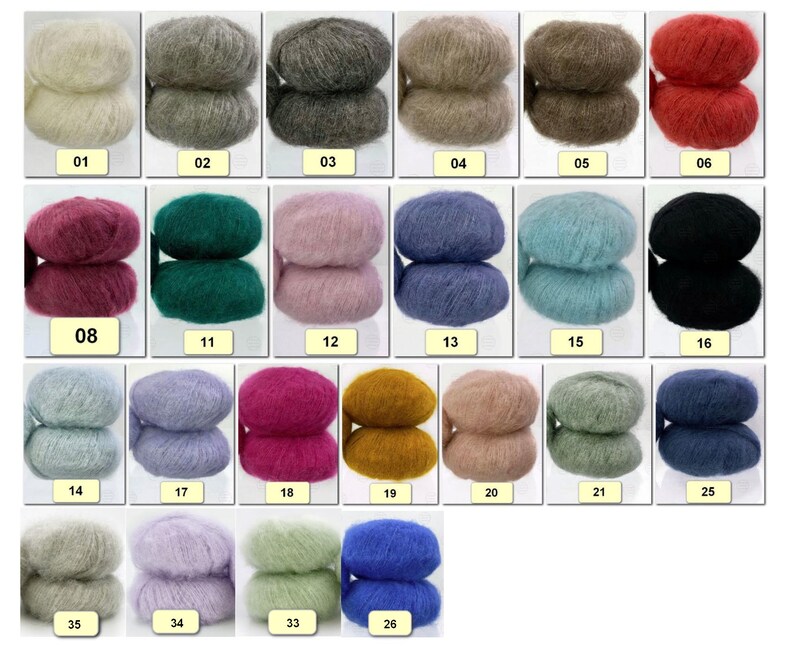 May include: A collection of 26 skeins of yarn in various colors, including white, gray, green, pink, blue, red, and black. Each skein is labeled with a number from 01 to 35.