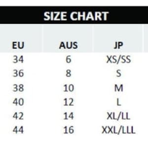 May include: Size chart for clothing with measurements in UK, US, EU, AUS, JP, CN, and KR sizes. The chart shows the corresponding sizes for each country's sizing system.