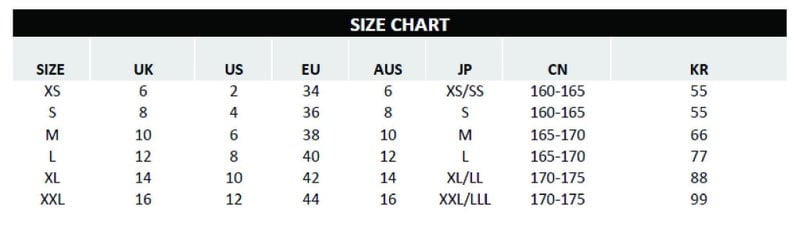 May include: Size chart for clothing with measurements in UK, US, EU, AUS, JP, CN, and KR sizes. The chart shows the corresponding sizes for each country's sizing system.
