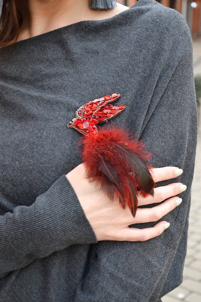 Embroidered red bird lucky brooch 18th birthday gift. Handmade gemstone jewelry