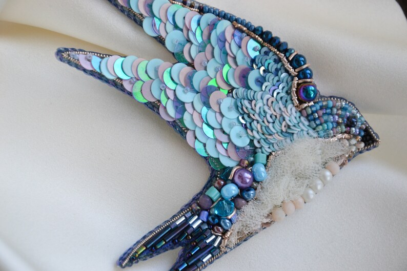 18th Birthday gift Embroidered swallow brooch Blue and purple jewelry