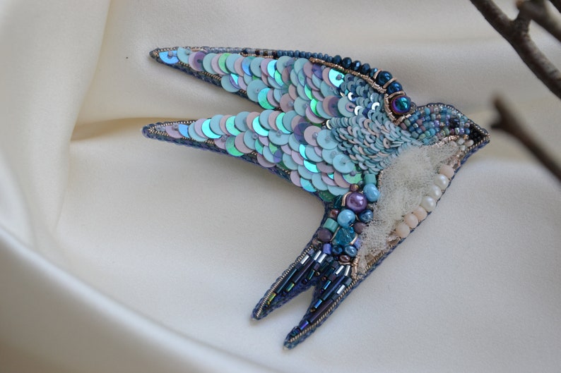 18th Birthday gift Embroidered swallow brooch Blue and purple jewelry