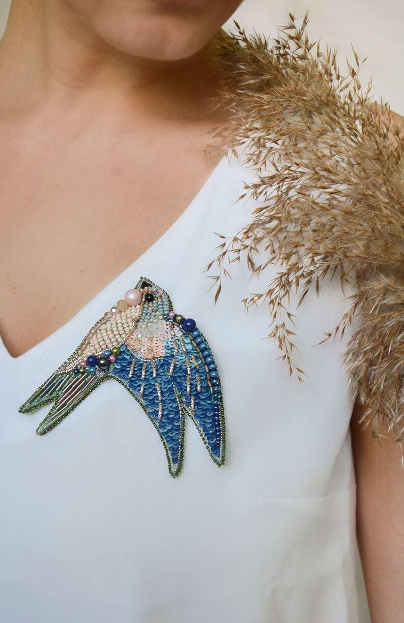 18th Birthday gift Embroidered swallow brooch Blue and purple jewelry