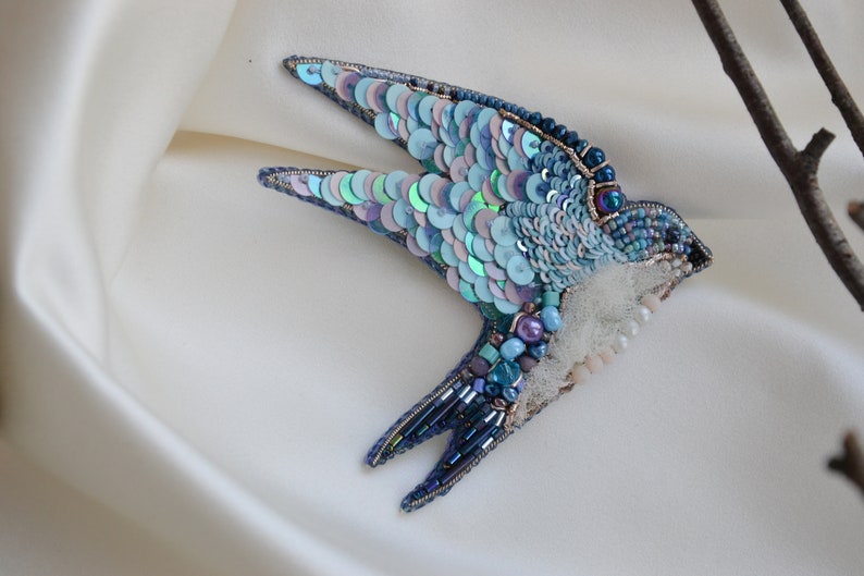 18th Birthday gift Embroidered swallow brooch Blue and purple jewelry