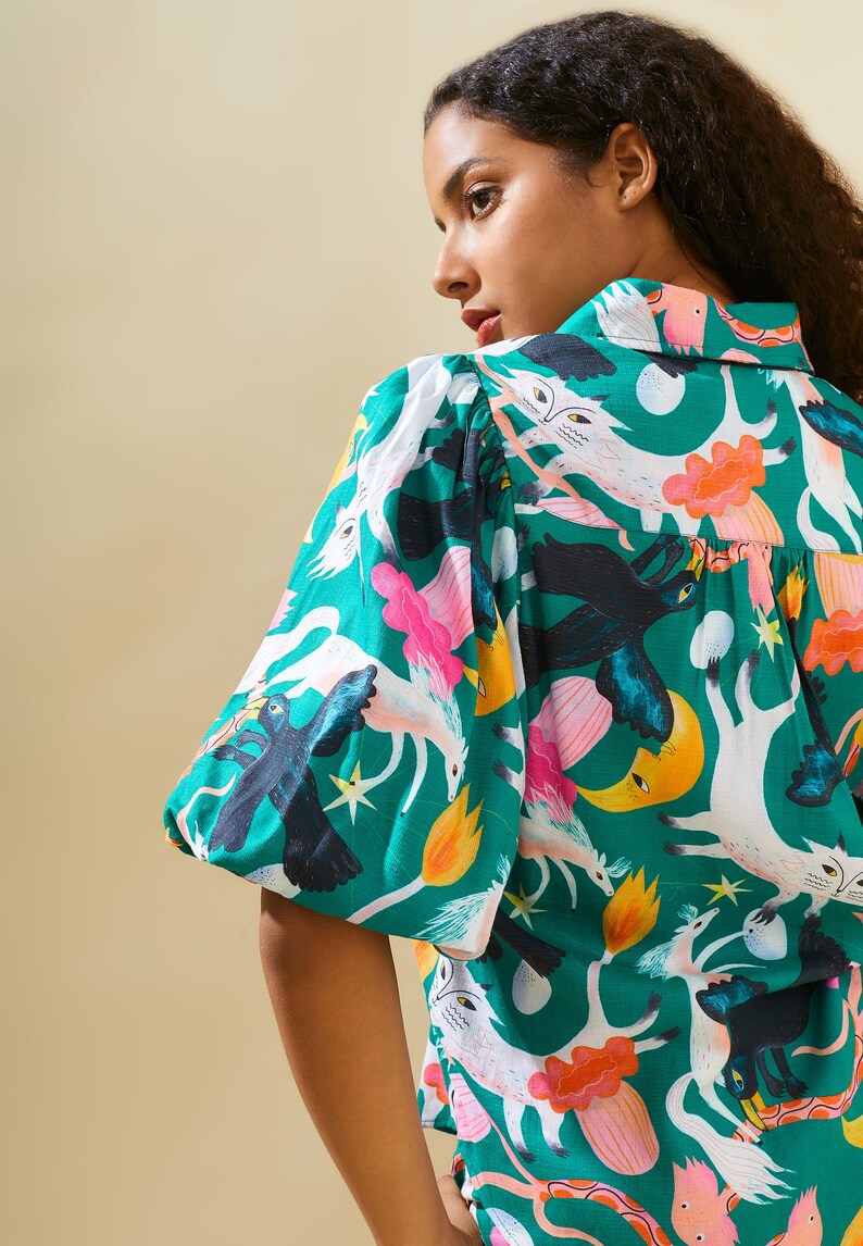 Printed Shirt Colourful Summer Shirt Summer Puffed Sleeves Shirt Organic Eco Linen Shirt image 3