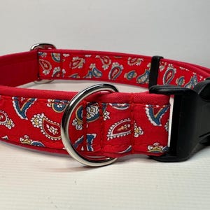 May include: Red dog collar with a paisley pattern and a black plastic buckle. The collar has a silver metal D-ring.