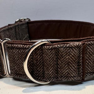 Handcrafted 38mm (1.5 inch) wide  martingale dog collar in brown tweed design Greyhound whippet
