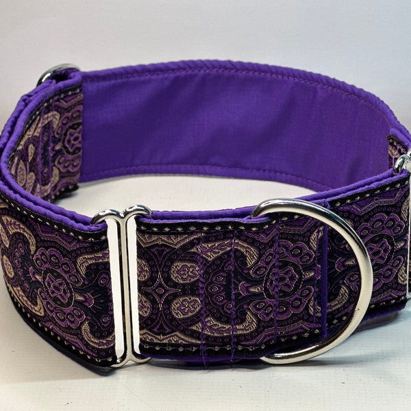 Greyhound whippet 50mm (2inch) wide martingale dog collar in purple embroidered design