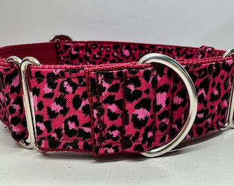 Handcrafted 38mm (1.5 inch) wide martingale dog collar in PINK animal print design Greyhound whipp