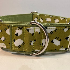 Handcrafted 38mm wide martingale dog collar in green sheep design Greyhound whipp