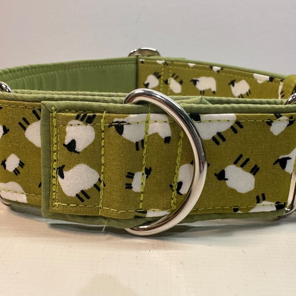 Handcrafted 38mm wide martingale dog collar in green sheep design Greyhound whipp