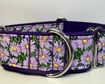 Handcrafted 38mm wide martingale dog collar in lilac daisies design greyhound whippet