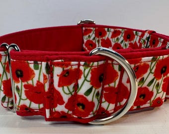 Handcrafted 38mm wide martingale dog collar in red poppies design Greyhound whipp