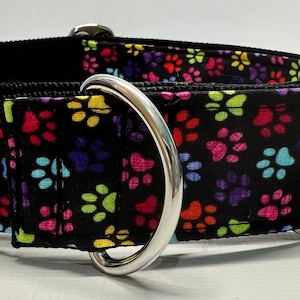 Handcrafted 38mm wide martingale dog collar in mini paws design Greyhound whipp