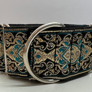 Greyhound whippet  50mm (2 inch) wide martingale dog collar in gold and blue embroidered design
