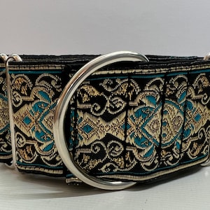 Greyhound whippet  50mm wide martingale dog collar in gold and blue embroidered design