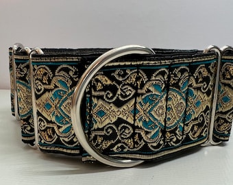 Greyhound whippet  50mm (2 inch) wide martingale dog collar in gold and blue embroidered design